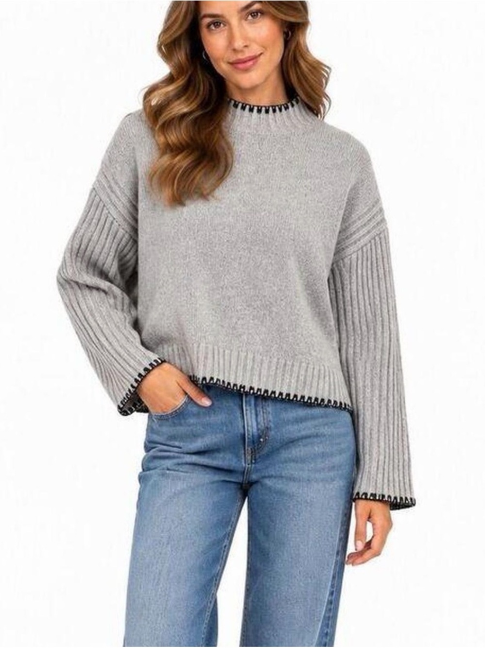 Joie Gray Whipstitch Trim Mock Neck Sweater Medium M Ribbed Knit Pullover